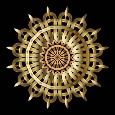 3D altın örgülü örgülü ızgara örgülü Kelt arabesk stili vektör yuvarlak mandala desenli siyah arka plan. Şatafatlı, düğümlü çiçek süsleri. Güzel desenli modern tasarım..