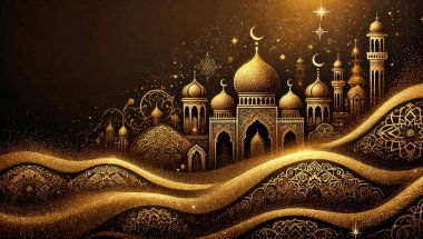 Müslüman Arap tarzı altın parıltılı, altın rengi, altın rengi camiler, zarif parlak kubbeler ve minareler olan 3 boyutlu lüks bir arka plan. Güzel süslemeli İslami vektör çizimi. Desenli altın ve siyah tasarım.