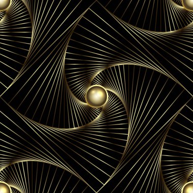 Altın 3d lüks geometrik, fraktallı, spiral çizgili, dönen şekilli, 3D altın düğmeli. Hipnotik optik illüzyon efektli gelecekçi stil vektör modern arkaplan.