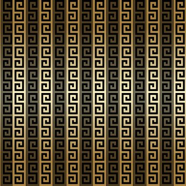 Çizgili Yunan tarzı lüks altın rengi, labirentli, Yunan anahtarlı, çizgili 3D düz desenli. Süslü, güzel, siyah altın kaplama modern arka plan. Süslü elagant süsü. Sonsuz doku.