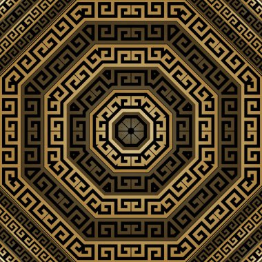 Geometrik Yunan stili, labirentli, Yunan anahtarlı, altıgen, eşkenar dörtgen desenli, 3D lüks altın desenli. Süslü, güzel, siyah ve altın renkli modern arka plan. Sonsuz doku. Element.