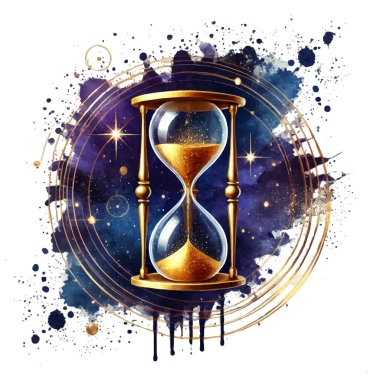 Kozmik elementlerle boyanmış altın kum saati ile güzel desenli çizimler, suluboya sıvıların üzerindeki yıldızlar, sıçramalar, lekeler. Zamanın, uzayın ve sonsuzluğun sembolü. Beyaz üzerine izole tasarım.