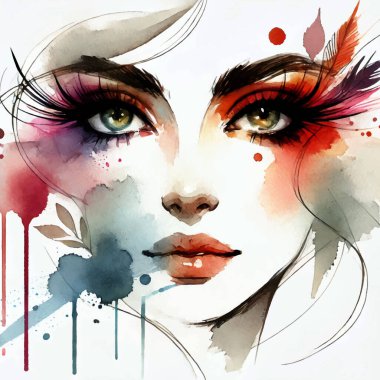Parlak gözlü bir kadının suluboya resmi, kalın makyaj, sanatsal sıvı sıçrama, fırça darbeleri, çiçekler, yapraklar, beyaz arka planda lekeler. Güzel modern stil vektör illüstrasyonu.