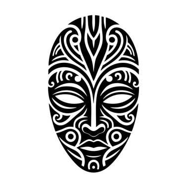Maske. Afrika egzotik geleneksel kabile maskesi. Beyaz arka planda desenli Afrika aborjin siyah maskesi. Dekoratif süs. Sanatsal yaratıcı süslemelerle izole edilmiş maske.