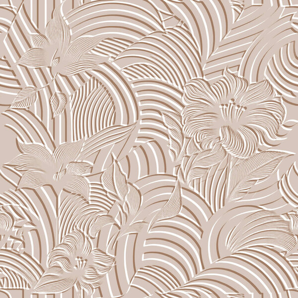 Relieve Texturizado Fondo Patrón Floral Beige Con Flores Arte Línea — Vector de stock