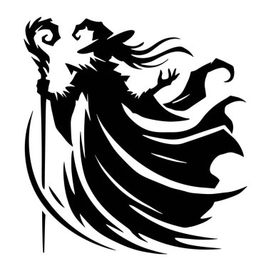 Siyah vektör silueti, uzun pelerinli ve beyaz arka planda asası olan bir büyücü. Siyah ve beyaz sihirli siluet.