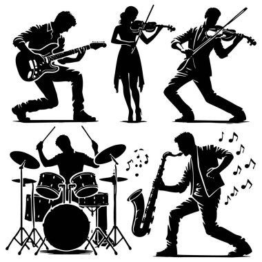 Enstrüman çalan müzisyenlerin siyah siluetleri, elektro gitar, keman, davul, saksafon ve beyaz arka planda müzik notaları. Vektör müzisyenler siluetleri ayarlandı. Koleksiyon.