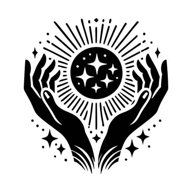 İki eli olan vektör siyah siluet, ışınları ve yıldızlarla parlayan bir güneş tutuyor. Siyah ve beyaz izole edilmiş basit bir siluet. resimleme.