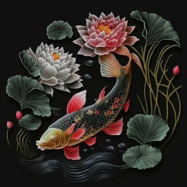 Üç boyutlu nakışlı Çin usulü nilüfer çiçekli Japon balığı. Dekoratif işlemeli modern dekoratif desenli arka plan. Süslü duvar halısı dokusu. Vektör çizimi. Balık ve su zambakları.