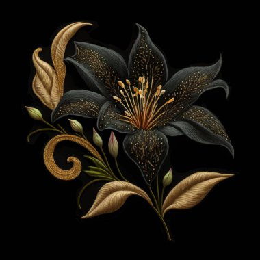 Üç boyutlu siyah zambak. Nakış işleme, altın yapraklı siyah zambak çiçeği deseni ile çiçek açar. Altın işlemeli, çiçekli duvar halısı vektör arkaplan çizimi. Güzel dikişli zambaklar. Yüzey dikiş dokusu.