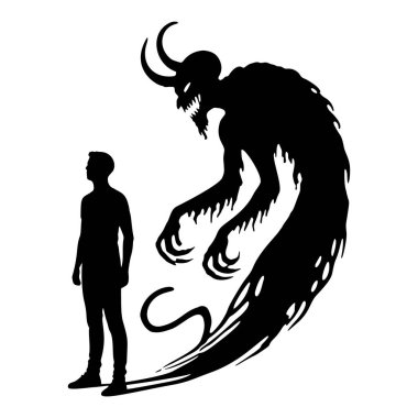 Siyah ve beyaz vektör silueti keskin pençeleri ve uzun bir kuyruğu olan büyük boynuzlu bir iblisin yanında duruyor. Beyaz arkaplanda izole tasarım.