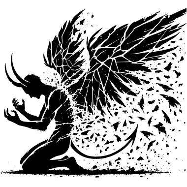 Kara ve beyaz melek silueti kırık kanatlarıyla diz çökmüş. Dramatik duygusal, güzel, soyutlanmış, beyaz arka planda düşmüş melek..