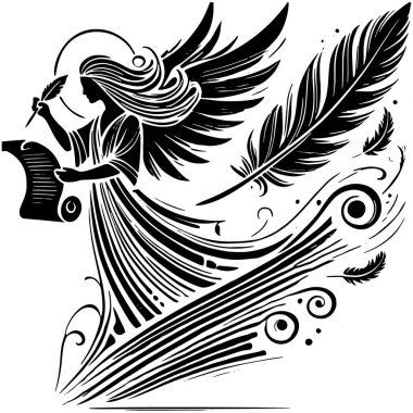 Siyah ve beyaz melek silueti dalgalı saçlar ve geniş kanatları olan bir tüy ve parşömen tutuyordu. Tüyleri, çizgileri, girdapları olan beyaz bir arka plan. İzole tasarım.