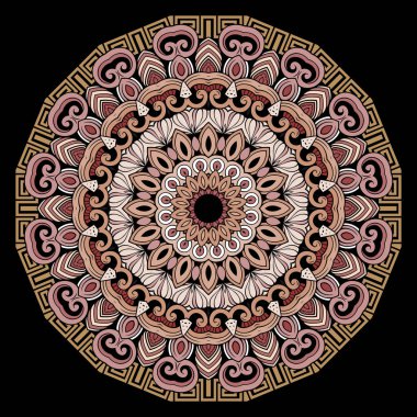 Çiçeksel renkli Yunan anahtarı. Süslü mandala deseni. Vektör modern kabile tarzı arka plan. Girdaplı güzel süsler, karalama çizgileri, çiçekler, yapraklar, çerçeve, mandala.