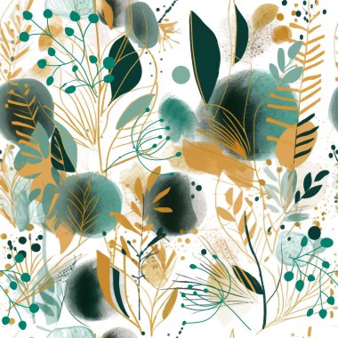 Suluboya soyut karalama çizgisi çizimi. Çiçekler kusursuz desen. Renkli çiçek süsleri. Boyalı el çizimi vektör arkaplan. Suluboya çiçekleri sarı yeşil renkli yapraklar saçar..