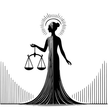 Adalet Anıtı 'nın elinde terazi olan siyah beyaz vektör silueti hukuku, adaleti ve dengeyi sembolize ediyor. Beyaz arka planda izole çizgi tasarımı. Akan elbisesi ve ışıl ışıl halesi olan Bayan Adalet..