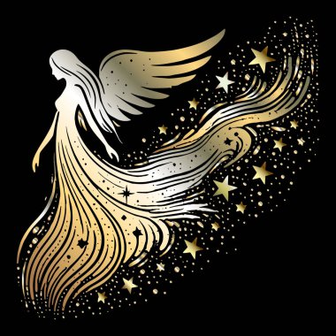 Saçları, kanatları ve parıldayan yıldızlar ve ışıltılarla çevrili uzun elbisesi olan melek figürünün altın vektör silueti. Siyah arkaplanda sihirli rüya gibi altın melek çizimi.