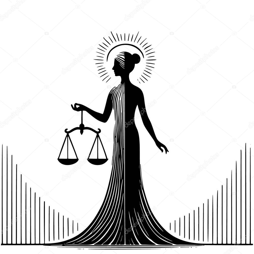 Black and white vector silhouette of Lady Justice holding scales, symbolizing law, fairness and balance. Isolated lines design on white background. Lady Justice with flowing dress and radiant halo.