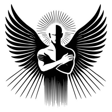 Büyük kanatları ve parlak bir halesi olan siyah ve beyaz melek figürlü bir siluet. Şekil aydınlık ve karanlık yarımlara bölünmüştür. İkiliğin, dengenin, dönüşümün sembolü. Sembolik illüstrasyon.