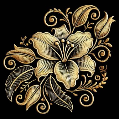 Nakış işlemeli, altın işlemeli, üç boyutlu zambak çiçekleri, iz bırakıyor. Duvar halısı desenli işlemeli çiçek vektör arkaplanı dikişli altın şakayık çiçeği. Dikiş çizgileri yüzey işlemeli 3B doku.