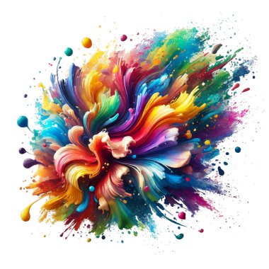 Üç boyutlu modern renkli renklerin patlaması soyut dinamik bir resimde sıçramalar, fırça darbeleri, girdap patlamaları. İzole edilmiş parlak noktalar, lekeler, damlalar, damlalar, damlalar, beyaz arka planda sıçramalar.