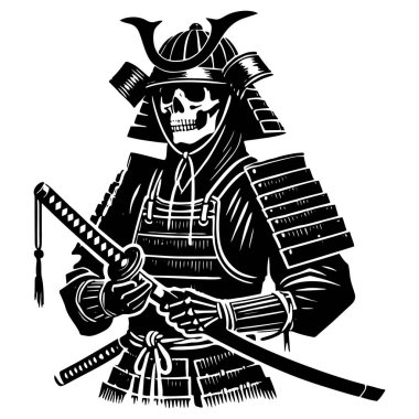 Geleneksel zırh ve boynuzlu miğfer giyen, güçlü bir savaşçı duruşu içinde katana tutan kafatasları iskelet samuraylarının siyah ve beyaz silueti. İzole edilmiş modern tasarım. Grafik illüstrasyon. 