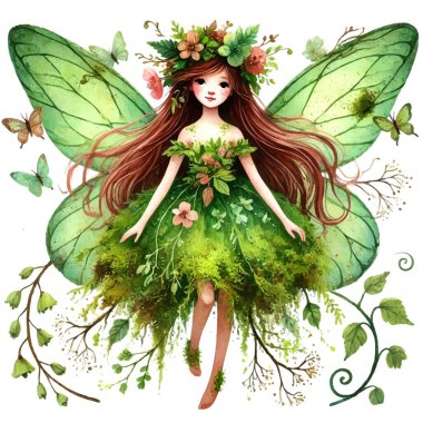 Büyük yeşil kanatlı güzel orman perisi taç, yapraklı ve yosunlu çiçekli elbise, uçan kelebekler. Vektör suluboya çizimi. Beyaz arkaplanda izole tasarım.