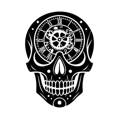 Kafatasının siyah ve beyaz siluetini saat ve dişlilerle birleştirin. Saat Roma rakamları ve mekanik elementlerle karşılaşıyor. Beyaz arka planda izole edilmiş modern yaratıcı tasarım.