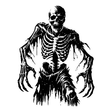Korkunç zombi iskeletinden oluşan siyah ve beyaz bir siluet, yırtık pırtık, damlayan bir et, içi boş bir kafatası ve uzayan uzun, kemikli parmaklar. Beyaz üzerine izole edilmiş zombi illüstrasyonu.