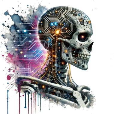 Parlayan devreleri ve kabloları yapısına entegre edilmiş modern fütürist sibernetik kafatası. Suluboya sıvı sıçramaları ve dijital elementlerle izole edilmiş robot android kafatası çizimi.