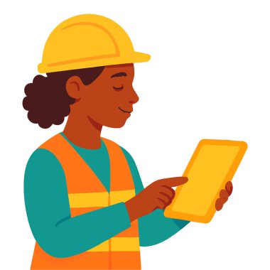 Sarı başlık takan ve elinde tablet tutan Afrikalı bir kadın mühendisin renkli düz vektör çizimi. Minimalist stil temiz beyaz arkaplanda izole edilmiş tasarım.