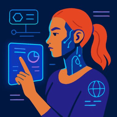 Sibernetik implantları parlayan holografik ekran ile etkileşen gelecekçi bir kadının renkli düz vektör çizimi. Mavi neon tonları ile kavramsal modern tasarım.