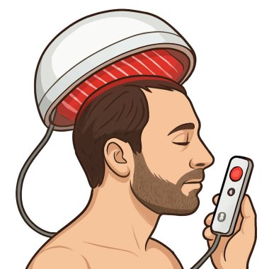Saç uzatmak için kırmızı ışık terapi kaskı kullanan bir adamın vektör çizimi. Beyaz arka planda izole tasarım. Dermatolojide ya da saç restorasyonunda kullanmak için mükemmel..