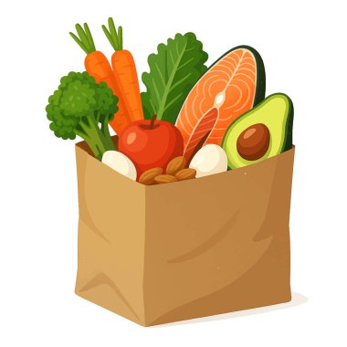 Renkli, besleyici gıdalar, somon, avokado, havuç, lahana, elma, yumurta ve bademlerle dolu kahverengi bir poşetin modern vektör çizimi. Beyaz arkaplanda izole tasarım.