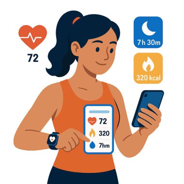 Turuncu atletik bluzlu genç bir kadının akıllı telefon ve akıllı telefon kullanarak sağlık bilgilerini takip ettiği parlak bir modern vektör çizimi. Temiz beyaz arkaplanda izole tasarım.