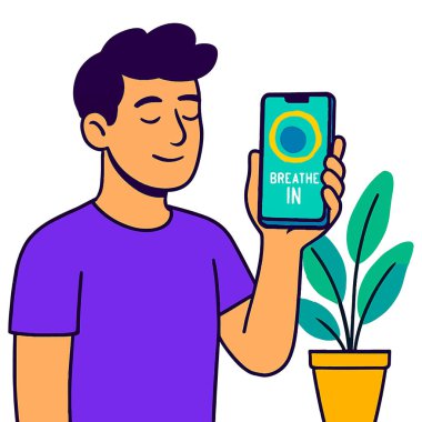 Akıllı telefonu sakince tutan genç bir adamın parlak görüntüsü. Ekranda 