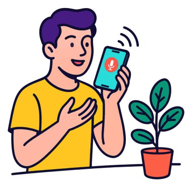 Akıllı telefonuyla mesaj atan genç bir adamın canlı bir vektör çizimi. Beyaz arkaplanda izole tasarım.
