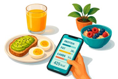 Avokado tostu, yumurta, böğürtlen, bir bardak meyve suyu ve makrolu bir beslenme izleyicisini gösteren tabletle yapılan taze ve besleyici bir kahvaltının vektör çizimi: proteinler, yağlar, karbonhidratlar ve kaloriler..