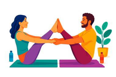 Partner Yoga. Beyaz Arkaplanda Tekne Pozu 'ndaki çift. Navasana Boat Poose 'da çift yogası yaparken renkli bir vektör çizimi. İzole edilmiş parlak tasarım. Erkek ve kadın..