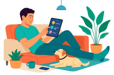 Modern bir kanepede uzanan genç bir adamın renkli modern vektör çizimi, ışık, sıcaklık ve müzik gibi akıllı ev özelliklerini kontrol etmek için bir tablet kullanıyor. Beyaz arkaplanda izole tasarım.