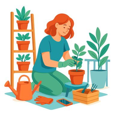 Kızıl saçlı bir kadının balkon bahçesiyle barışçıl bir şekilde ilgilenmesinin canlı bir temsili. Beyaz arkaplanda izole renkli tasarım.