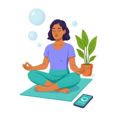 Çapraz bacaklı bir pozisyonda meditasyon yapan genç bir kadının rahatlatıcı vektör çizimi. Nefes Uygulaması Olan Kadın. Beyaz arkaplanda izole edilmiş renkli güzel tasarım.