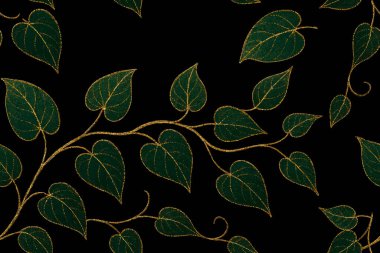 Yeşil sarmaşıklı, yapraklı, pırıl pırıl parlayan, kusursuz, 3D yapraklı bir desen. Güzel süslü çiçek vektör arkaplanı. Sonsuz doku. Modern koyu tasarım.