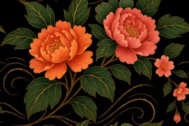 Siyah bir zemin üzerinde 3D geleneksel Japon tarzı çiçek deseni, mercan turuncu ve pembe şakayıklar, zengin desenli yeşil yapraklar, altın parıltılı akış çizgileri, dalgalar. Modern dekoratif tasarım.