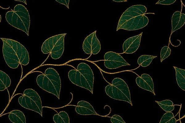Yeşil sarmaşıklı, yapraklı, pırıl pırıl parlayan, kusursuz, 3D yapraklı bir desen. Güzel süslü çiçek vektör arkaplanı. Sonsuz doku. Modern koyu tasarım.