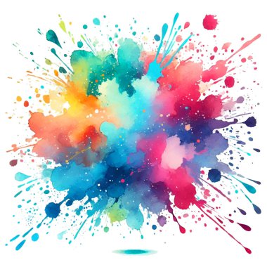 Parlak renkli soyut vektör suluboya sıçraması dinamik mürekkep damlaları ve beyaz arka planda boya sıçramaları. Sanatsal posterler, ambalajlar, tişörtler, markalar, davetiyeler, baskılar için ideal.