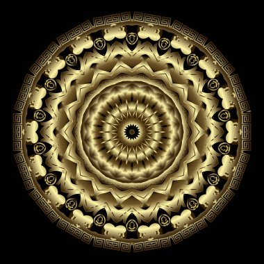 3d Lüks altın mandala, Yunan anahtar köşeli sınır çerçevesi ve siyah arka planda süslü radyal elementler. Zarif, pırıl pırıl altın süsler. Vektör dekoratif tasarımı.