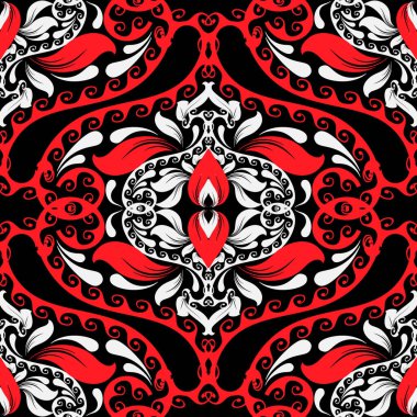 Slav halk çiçekleri, yapraklar, Yunan etnik tarzı dalgalar ve girdaplarla kusursuz süsleme desenleri. Siyah arkaplanda kırmızı ve beyaz güzel süsler. Sonsuz doku. Tekstil için ideal.