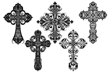 Beş süslü siyah-beyaz dindar vektör seti klasik barok tarzında siluetleri karmaşık çiçek desenleri ve girdap desenleri ile birleştiriyor. Beyaz arkaplanda dekoratif izole haç koleksiyonu.
