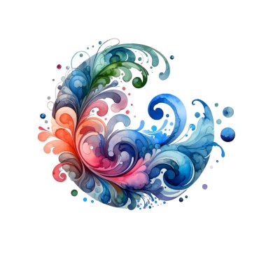 Çiçek ve dalga benzeri elementlerle dolu renkli dinamik suluboya, çiçekler, yapraklar, sıçramalar, lekeler, damlalar, damlalar, lekeler. Aquarelle güzel vektör deseni. Tasarım, doğa teması, dekor için ideal.